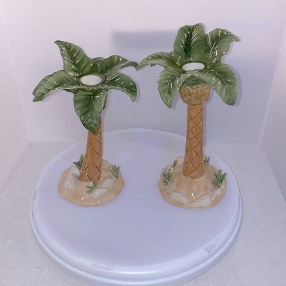 Lenox Vintage British Colonial Scenic Palm Tree Candlestick Holders Set Of 2 - Picture 1 of 10